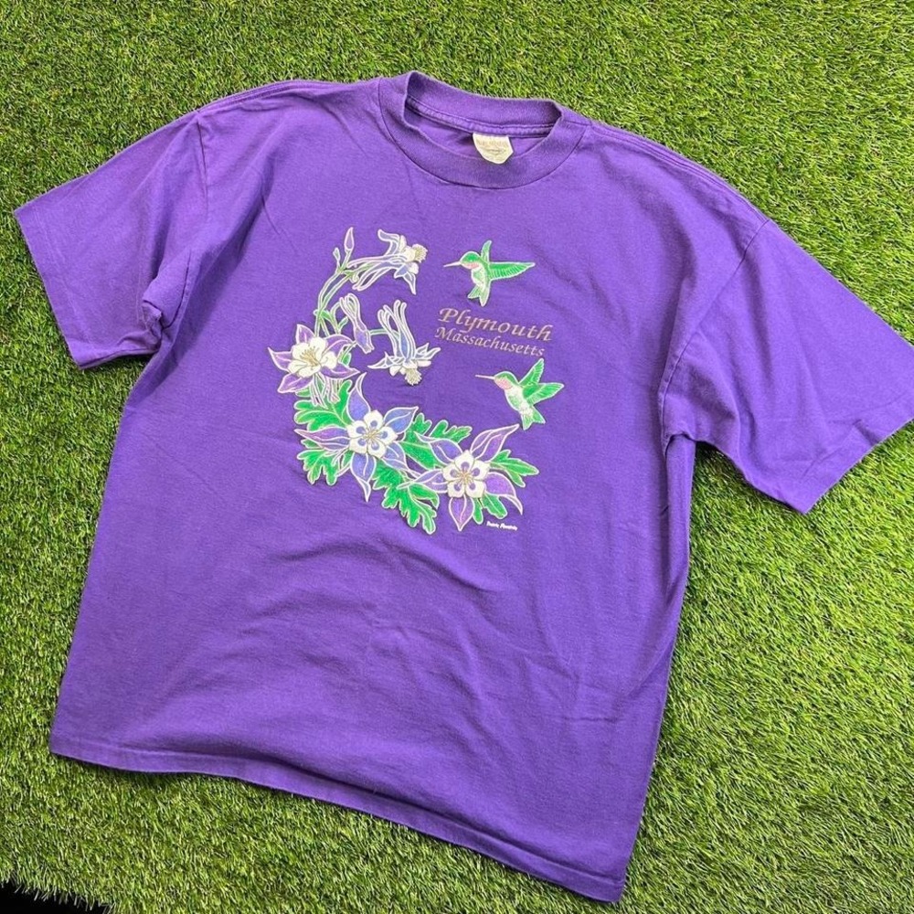 VTG Plymouth Massachusetts Hummingbird Floral Graphic Purple Nature Tee USA XL